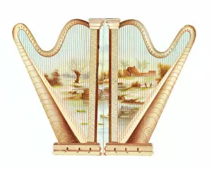 Strings Gallery: Two golden harps on a cutout greetings card