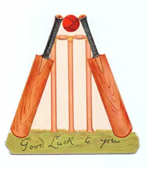 Leather Collection: Good Luck card with two cricket bats, a ball and a wicket