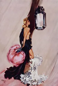 <b class=qtipBold><figcaption>Good Night ! by David Wright</figcaption></b><br>Good Night! by David Wright showing a blonde woman in typically revealing night attire, holding a luxurious feather fan and looking at her reflection in a Venetian glass mirror. Wright produced a series of over 160 illustrations or 'pin-ups' for 'The Sketch' during the 1940's. David Wright's 'Lovelies' proved hugely popular and adorned practically every military mess, bunker, dormitory or club room in the country during World War II.<br><em>© Estate of David Wright/ILN/Mary Evans Picture Library</em> Good Night ! by David Wright