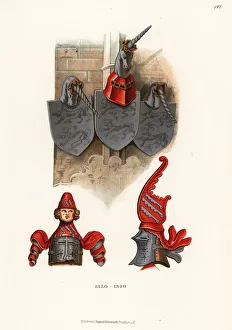 Great helms and shields with heraldic crests, 14th century Great helms and shields with heraldic crests, 14th century