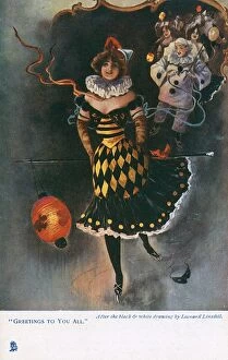 Images Dated 23rd March 2016: Greetings to you all - A pretty skater leads a Pierrot