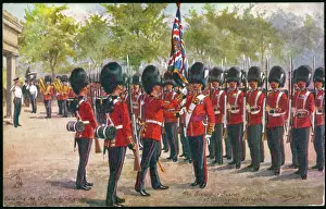 Prints of Grenadier Guards mounting the Guard - the colours are handed to the officer in charge of the guard for the day; they will then be saluted, and the guard will march off with them Royalty Prints: Colour Handover Print - Grenadiers Mount Guard