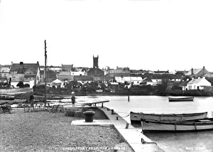 Prints of Groomsport from the Harbour - a panoramic view of the village from the harbour with pier and boats in the foreground. (Location: Northern Ireland: County Down: Groomsport). Date: circa early 1900s Down Prints: Groomsport Harbour Panorama Print circa Early 1900s