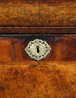 <b class=qtipBold><figcaption>Guilbaud Writing Cabinet, detail</figcaption></b><br>Walnut-veneered writing cabinet bearing the trade label of John Guilbaud, retailed in London, c.1695-1700. Date: 1693-1712<br><em>© The Geffrye Museum of the Home / Mary Evans Picture Library</em> Guilbaud Writing Cabinet, detail