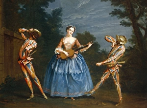 <b class=qtipBold><figcaption>The Guitarist, by Philippe Mercier</figcaption></b><br>The Guitarist, by Philippe Mercier (1689-1760). A young woman plays a guitar, accompanied by two Harlequins, possibly a scene from the Commedia dell'Arte.<br><em>© Mary Evans Picture Library</em> The Guitarist, by Philippe Mercier