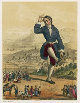 <b class=qtipBold><figcaption>Gulliver in Lilliput</figcaption></b><br>He swears to abide by the agreement, in the manner of the country, holding right foot in left hand, finger on head and thumb in ear.<br><em>© Mary Evans Picture Library</em> Gulliver in Lilliput