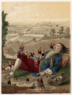<b class=qtipBold><figcaption>Gulliver/Lilliputians</figcaption></b><br>The Lilliputians clamber all over Gulliver: he compares the experience to an army of rats walking on their hind legs...<br><em>© Mary Evans Picture Library</em> Gulliver/Lilliputians