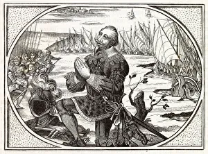 Gustavus Adolphus lands at Peenemunde and falls on his knees to thank God for bringing Gustavus Adolphus lands at Peenemunde and falls on his knees to thank God for bringing