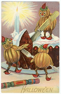 <b class=qtipBold><figcaption>Halloween Card</figcaption></b><br>Pumpkins, cake, crackers and candles - all the ingredients of Hallowe'en, and a knife and fork to help yourself with<br><em>© Mary Evans Picture Library</em> Halloween Card