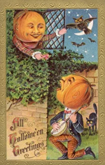 <b class=qtipBold><figcaption>Halloween Serenade</figcaption></b><br>When a gentleman pumpkin serenades a lady pumpkin on Hallowe'en, e'en the cats and owls are alarmed !<br><em>© Mary Evans Picture Library</em> Halloween Serenade