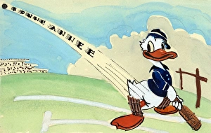 Hand-drawn and painted postcard featuring a cricketing Duck Hand-drawn and painted postcard featuring a cricketing Duck