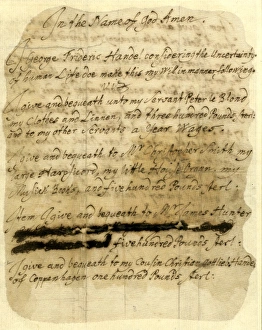 <b class=qtipBold><figcaption>Will of Handel</figcaption></b><br>Will of George Frederic Handel, German composer page 1 Date: 18th century<br><em>© Mary Evans / National Archives</em> Will of Handel