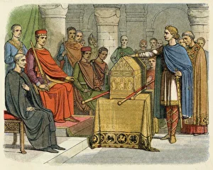 <b class=qtipBold><figcaption>Harold Swears (Doyle)</figcaption></b><br>Harold, king of the English, swears fealty to Guillaume, duc de Normandie (William I)<br><em>© Mary Evans Picture Library</em> Harold Swears (Doyle)
