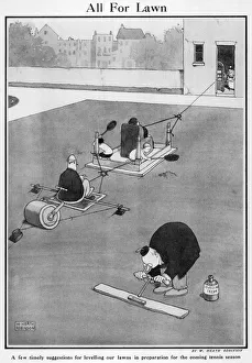 <b class=qtipBold><figcaption>Heath Robinson Cartoon</figcaption></b><br>Cartoon, All for Lawn. A few timely suggestions for levelling our lawns in preparation for the coming tennis season. Groundsman flattening grass. Please note: Credit must appear as Courtesy of the Estate of Mrs J.C.Robinson/Pollinger Ltd/ILN/Mary Evan"<br><em>© Mary Evans Picture Library 2015 - https://copyrighthub.org/s0/hub1/creation/maryevans/MaryEvansPictureID/10236250</em> Heath Robinson Cartoon