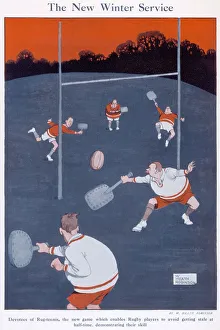 <b class=qtipBold><figcaption>Heath Robinson Cartoon</figcaption></b><br>Cartoon, The New Winter Service. Devotees of Rug- Tennis the new game which enables Rugby players to avoid getting stale at half time. Please note: Credit must appear as Courtesy of the Estate of Mrs J.C.Robinson/Pollinger Ltd/ILN/Mary Evan"<br><em>© Courtesy of the estate of Mrs J.C.Robinson/Pollinger Ltd/ILN/Mary Evans Picture Library</em> Heath Robinson Cartoon