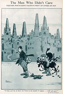 <b class=qtipBold><figcaption>Heath Robinson Cartoon</figcaption></b><br>THE MAN WHO DIDN'T CARE - Whether North-going railways went on strike or not. "If they won't let us leave the Town in the month of August, - well and good!" Please note: Credit must appear as Courtesy of the Estate of Mrs J.C.Robinson/Pollinger Ltd/ILN/Mary Evan"<br><em>© Courtesy of the estate of Mrs J.C.Robinson/Pollinger Ltd/ILN/Mary Evans Picture Library</em> Heath Robinson Cartoon