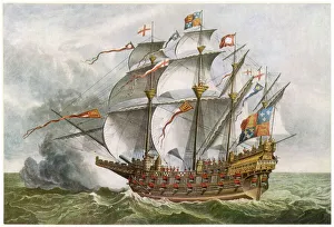 <b class=qtipBold><figcaption>Henri Grace a Dieu</figcaption></b><br>Deptford-built warship in the carrack style : she is the largest warship of her day, with golden sails - square on fore and main masts, lateen on the two mizzen masts.<br><em>© Mary Evans Picture Library</em> Henri Grace a Dieu