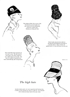<b class=qtipBold><figcaption>The high hat trend, 1960</figcaption></b><br>A selection of hats with high crowns, fashionable in the early 1960s. Top left is an original Tyrolean hat, which, 'can be bought over the counter at the big department stores for a modest price'. Top right is a high hat of black cire plaited straw by Pierre Cardin in the shape of a Grecian helmet. Bottom right is another Cardin model inspired by the Tyrolean line made in coarse plaited cire straw in a dark tan and trimmed with broad petersham ribbon of the same colour. Finally, centre is hard little straw top knot hat by Christian Dior, 'not easy to wear' and must be worn with the hair close to the head and scooped in a light chignon at the back. Date: 1960<br><em>© Illustrated London News Ltd/Mary Evans</em> The high hat trend, 1960