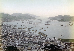 High view of Nagasaki habour with ships, Japan, circa 1890 High view of Nagasaki habour with ships, Japan, circa 1890