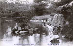 Hiroshima, Japan - Shukkeien Garden with crane Hiroshima, Japan - Shukkeien Garden with crane