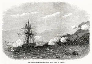 HMS Rinaldo bombarding Salangore in the Strait of Malacca. Date: 1871 HMS Rinaldo bombarding Salangore in the Strait of Malacca. Date: 1871