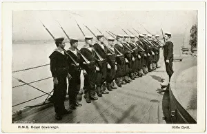 HMS Royal Sovereign, British battleship, with sailors HMS Royal Sovereign, British battleship, with sailors