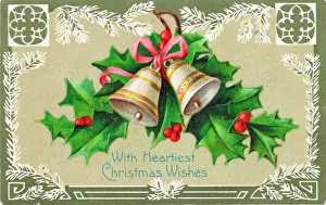 Bells Gallery: Holly with bells and red ribbon on a Christmas postcard