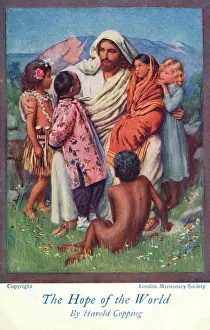 Prints of The Hope of the World - Jesus and the Children of many nations. Postcard produced by the London Missionary Society. Date: circa 1910s Related Prints: The Hope of the World - Jesus and Children Print circa 1910s