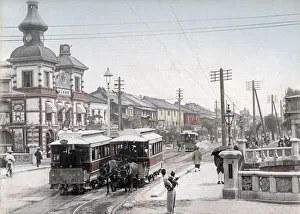 Horse drawn trams, Shinbashi, Tokyo, c.1890's Vintage late 19th century photograph Horse drawn trams, Shinbashi, Tokyo, c.1890's Vintage late 19th century photograph