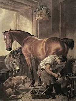 Horseshoer. Coloured engraving (19th c.)