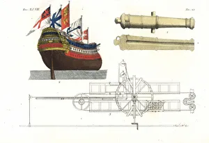 Hull of a frigate, cannon and section through Hull of a frigate, cannon and section through