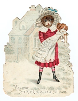 Humanised cat with baby dog on a cutout Christmas card Humanised cat with baby dog on a cutout Christmas card