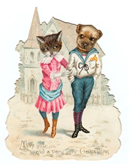 Humanised cat and dog on a cutout Christmas card Humanised cat and dog on a cutout Christmas card