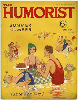 <b class=qtipBold><figcaption>The Humorist Summer Number 1939</figcaption></b><br>Bright and jolly front cover design for The Humorist magazine Summer Number by William Heath Robinson featuring a number of bathers paddling and playing about in the sea. One particular couple have had the ingenious idea of using a rotund and therefore very buoyant friend as a makeshift dining table for their picnic.<br><em>© Mary Evans Picture Library 2015 - https://copyrighthub.org/s0/hub1/creation/maryevans/MaryEvansPictureID/10423226</em> The Humorist Summer Number 1939