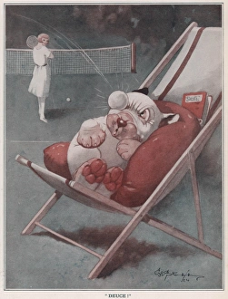 <b class=qtipBold><figcaption>DEUCE</figcaption></b><br>Humorous Illustration showing Bonzo being disturbed by a flying tennis ball. George Ernest Studdy (1878-1948), was the creator of 'Bonzo', a small dog with saucer-like eyes and indiscriminate breeding who first appeared in the Sketch in 1922. The 'Bonzo' craze swept the world resulting in postcards, annuals, toys and other merchandise. Studdy also produced a large body of work for the Sketch before and after Bonzo including his later creation, Ooloo the cat. His early cartoon dogs were simply known as the 'Studdy Dog' until readers demanded a name and Bruce Ingram, the ILN editor, suggested his immortal moniker. Credit should read: Estate of George Studdy/Gresham Marketing Ltd./ILN/Mary Evan"<br><em>© Estate of George Studdy/Gresham Marketing Ltd./ILN/Mary Evans</em> DEUCE