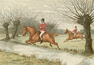 <b class=qtipBold><figcaption>Hunting scenes 1884</figcaption></b><br>Colour illustration by G. L. Harrison from a supplement to the ILN showing riders wearing the traditional red riding jackets clearing a hedge while hunting.<br><em>© Illustrated London News Ltd/Mary Evans</em> Hunting scenes 1884