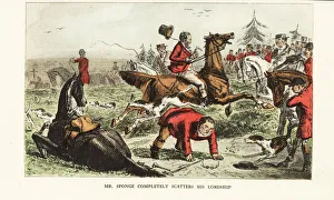 Huntsman losing control of his horse during a foxhunt Huntsman losing control of his horse during a foxhunt