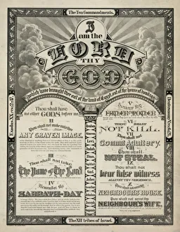 I am the Lord thy God... Print shows the Ten Commandments as if written on stone tablets. A picture of a Bible and the names of twelve sons of Abraham (or twelve tribes of Israel) are listed between the two tablets. The title is surrounded by clouds and streaming sunlight. Date c1876 I am the Lord thy God