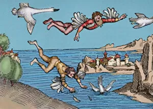 Icarus and Daedalus flying. Engraving. Colored
