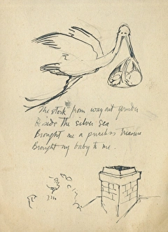 Illustrated page, stork and baby, by Muriel Dawson Illustrated page, stork and baby, by Muriel Dawson