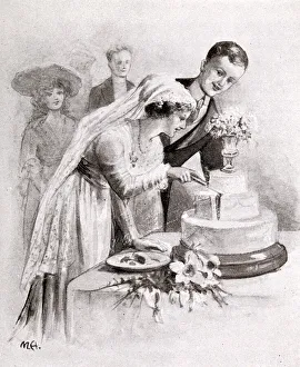 Illustration - The bride cuts the cake Illustration - The bride cuts the cake