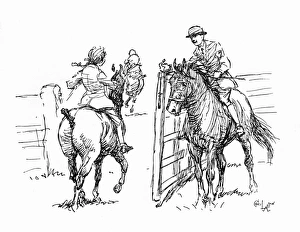 Illustration, riders and ponies at a show Illustration, riders and ponies at a show