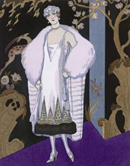<b class=qtipBold><figcaption>Imperia /Dress by Worth</figcaption></b><br>Design by Worth: white fur coat with thick collar, sleeveless gown with tapering straps, flaring skirt with brown fur hem & a vandyked motif in gold.<br><em>© Mary Evans Picture Library</em> Imperia /Dress by Worth
