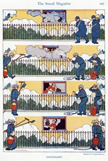 <b class=qtipBold><figcaption>Incendiary by W. Heath Robinson</figcaption></b><br>Sequential cartoon by Heath Robinson showing some rather over exuberant ARP wardens spraying a hose into the window of a house where they see smoke. Unfortunately, the source of the smoke is a flaming Christmas pudding which a disgruntled cook removes after its soaking.<br><em>© Mary Evans Picture Library 2015 - https://copyrighthub.org/s0/hub1/creation/maryevans/MaryEvansPictureID/10430994</em> Incendiary by W. Heath Robinson