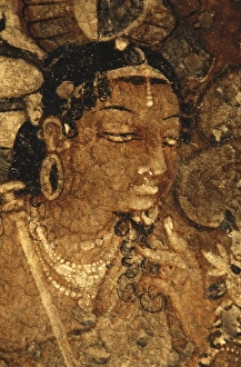 Maharashtra Gallery: INDIA. Ajanta. Ajanta Caves. Face of a woman. Detail