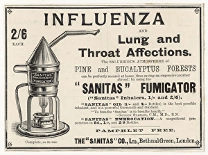 <b class=qtipBold><figcaption>Influenza/Fumigator/1900</figcaption></b><br>Advertisement for "Sanitas" fumigator, for the treatment of influenza and other lung and throat infections<br><em>© Mary Evans Picture Library</em> Influenza/Fumigator/1900