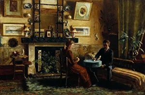 Interior with a couple playing cards Interior with a couple playing cards