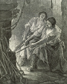 Interior of the forge. Engraving. 19th century Interior of the forge. Engraving. 19th century