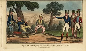 Irish gentlemen fighting a duel with pistols, Dublin, 1821