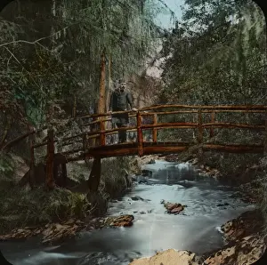 Prints of Hand coloured. A curved wooden foot bridge over a small river surrounded by trees. A bearded man stands on the bridge.. Part of Box 365, Miscellaneous Part 1, Boswell collection. Slide number 24 Isle Of Man Prints: Isle of Man: Glen Helen, Rustic Bridge Print